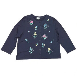 Vintage Floral C&K Designs Navy Embroidered Cardigan Grandmacore Retro Size 3X